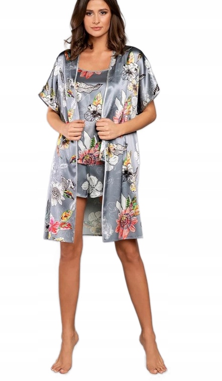 ITALIAN FASHION SZLAFROK DAMSKI SATYNA SZARY FLOWERS S/36